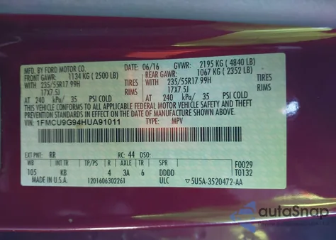 2017 Ford Escape Se from USA, damaged, VIN 1FMCU9G94HUA91011